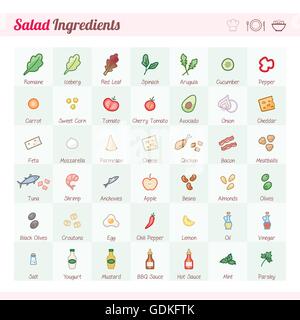 Salat Rezept Zutaten Vektor-Icons set mit text Stock Vektor