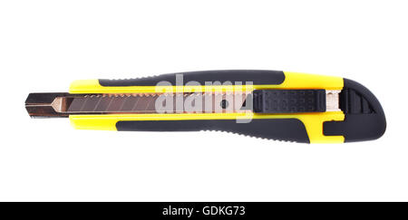gelbes Briefpapier Messer auf weißem Hintergrund Stockfoto