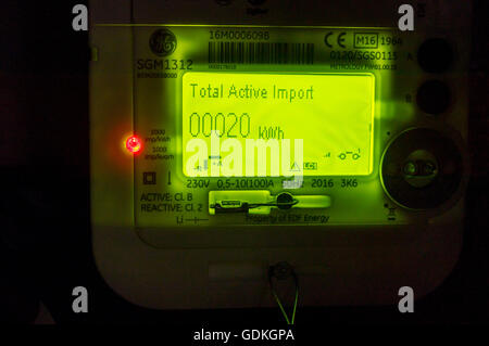 Eine neu installierte EDF GE SGM1312 LCD Display intelligente Stromzähler zeigen Lesung von 20kWh in einem Weinkeller in London England Stockfoto