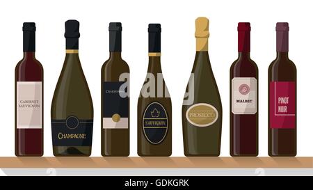 Sammlung von Luxus-Wein-Flaschen mit Etiketten auf einem Holzregal mit Weinblatt auf Hintergrund Stock Vektor