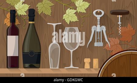 Weinflaschen, Weingläser und Korkenzieher auf einem Regal mit Holzwand auf Hintergrund Stock Vektor