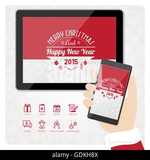 Weihnachts-app für Tablet und Smartphone, Icons Set und Schneeflocken Hintergrund. Stock Vektor