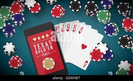 Online-Poker-app mit der Hand berühren Touchscreen Tablet, Smartphone, Karten und Chips rundum Stock Vektor
