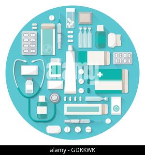 Apotheke und medizinische Behandlungskonzept mit Pillen, Tabletten, Blister und Stethoskop in eine Runde Form Stock Vektor