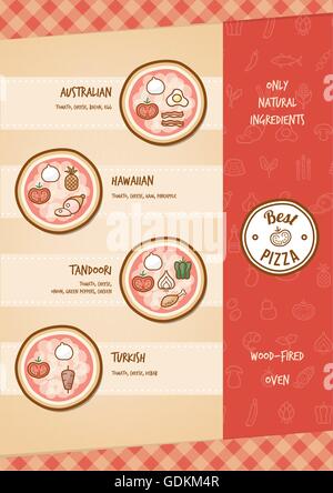 Pizza-Menü mit verschiedenen Belägen und Geschmack Stock Vektor