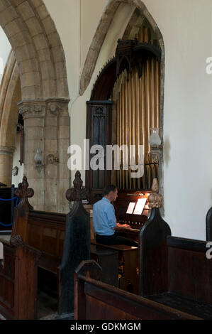 Ein Mann spielt die Orgel in der St. Egelwin Kirche, Scalford, Leicestershire, England, UK Stockfoto