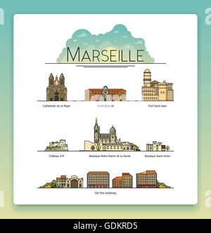 Vektor-Strichzeichnungen Marseille, Frankreich, Reisen Sehenswürdigkeiten und Architektur-Icon-Set. Die beliebtesten Reiseziele, Straßen, Kathedralen, Gebäude, Wahrzeichen der Stadt Stock Vektor