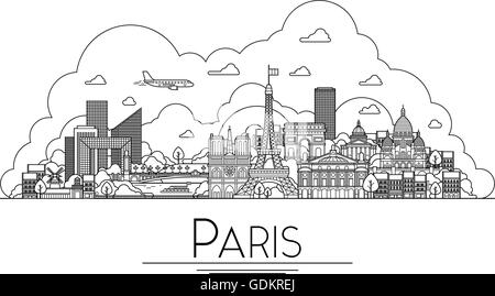 Vektor Strichzeichnungen Paris, Frankreich, Reisen, Sehenswürdigkeiten und Architektur-Symbol. Die beliebtesten Reiseziele, Stadtstraßen, Kathedralen, Gebäude, Symbole in einer Abbildung Stock Vektor