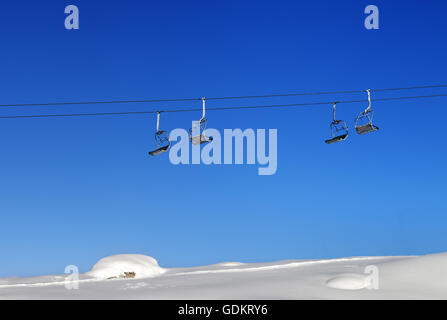 Sessellift und blauer wolkenloser Himmel am sonnigen Tag. Großen Kaukasus, Mount Shahdagh, Qusar Rayon von Aserbaidschan. Stockfoto