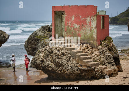 Die kleinen Antillen Barbados Pfarrkirche Sankt Michael Westindien Hauptstadt Bridgetown Barbados goldenen Sandstrand mit großen Stein ro Stockfoto