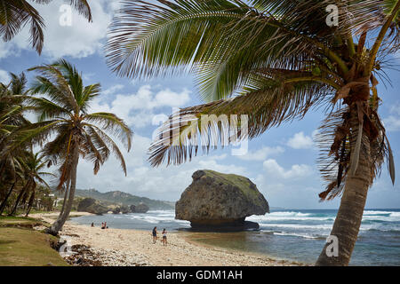 Die kleinen Antillen Barbados Pfarrkirche Sankt Michael Westindien Hauptstadt Bridgetown Barbados goldenen Sandstrand mit großen Stein ro Stockfoto