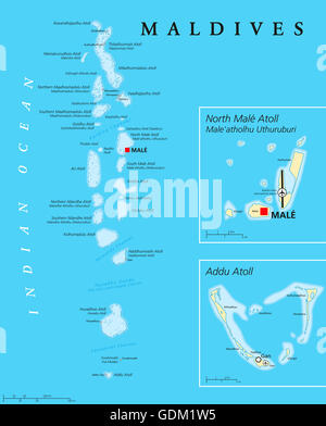 Malediven politische Karte mit Hauptstadt Male auf Kings Island und wichtige Städte. Republik und Insel Land im Indischen Ozean. Stockfoto
