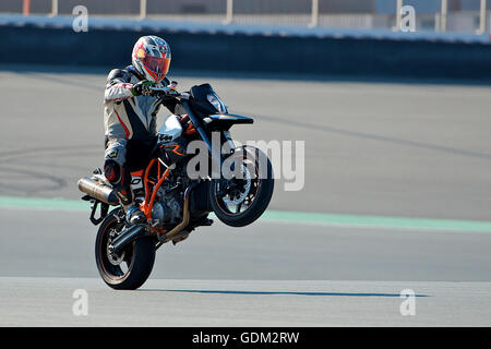 Ein Motorradfahrer zieht einen Wheelie. Stockfoto