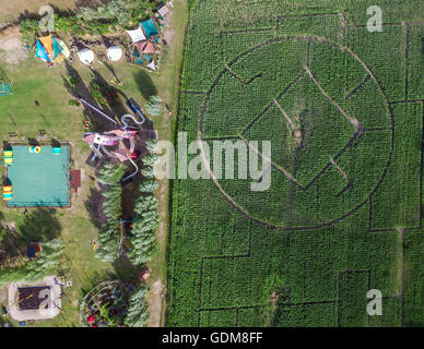 Storkow, Deutschland. 29. Juni 2016. Eine Drohne Bild von Maislabyrinth und diverse Spielmöglichkeiten im "Irrlandia" interaktive Park in Storkow, Deutschland, 29. Juni 2016. Besucher "Irrlandia" können in zahlreiche Labyrinthe verloren gehen und Rollen, Folien, Murmeln Labor oder die Kette Treppe ausprobieren. Foto: PATRICK PLEUL/Dpa/Alamy Live News Stockfoto