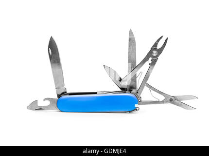Blaue Taschenmesser mit vielen Werkzeugen in weißem Hintergrund Stockfoto