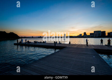 Docken Sie bei Sonnenuntergang auf der Esplanade Charles River in Boston, Massachusetts. Stockfoto