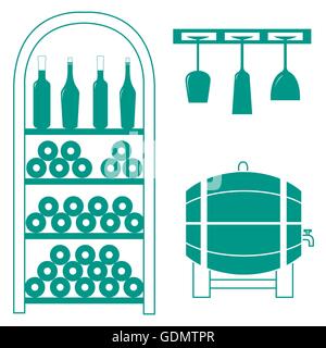 Stilisierte Ikone der farbigen Weinregal, Flaschen Wein, Weingläser und Weinfass auf weißem Hintergrund Stock Vektor
