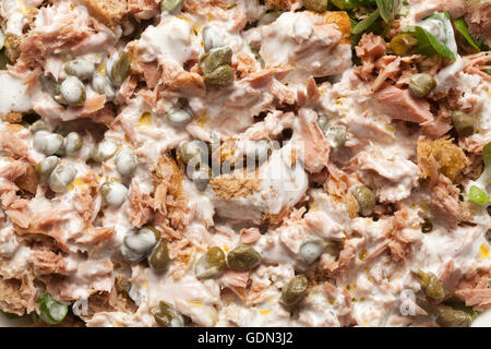 Thunfischsalat mit Kapern, Mayonnaise und Spinat Stockfoto