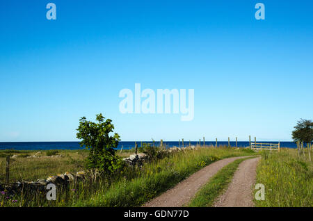 Schmale Landstraße, eine alte Holztor an der Küste auf der schwedischen Insel Öland Stockfoto