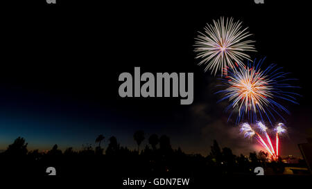 4. Juli Feuerwerk. Fotografiert in Studio City, Los Angeles, Kalifornien Stockfoto