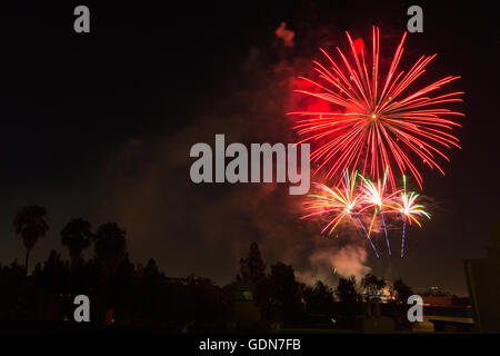 4. Juli Feuerwerk. Fotografiert in Studio City, Los Angeles, Kalifornien Stockfoto