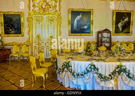 Weiße formale Esszimmer an Catherine Palace Pushkin St Petersburg Russland Stockfoto