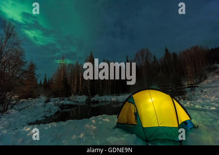 Aurora Borealis, Nordlicht über dem Zelt beleuchtet mit Laterne, in der Nähe von Chena Resort in der Nähe von Fairbanks, Alaska Stockfoto