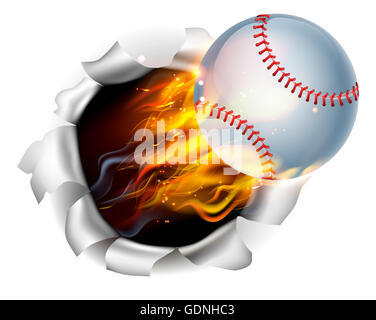 Ein Beispiel für einen brennenden flaming Baseball Ball auf Feuer reißen ein Loch in den Hintergrund Stockfoto