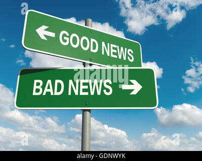 Ein Straßenschild mit guten Nachrichten schlechte Nachrichten Worten am Himmelshintergrund Stockfoto