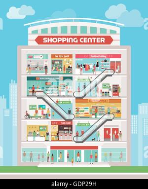 Shopping Center Gebäude mit bar, Rezeption, Supermarkt, Elektronikfachgeschäft, Bekleidungsgeschäft, Spielzeugladen, Eisdiele und Peopl Stock Vektor