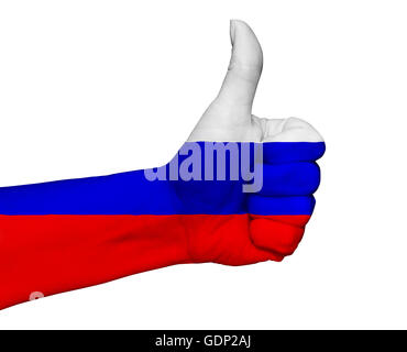 Hand mit Daumen Lackfarben der Russland-Flagge isoliert Stockfoto