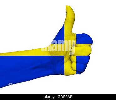 Hand mit Daumen Lackfarben der Schweden Flagge isoliert Stockfoto