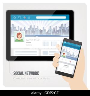 Soziale Netzwerke und Benutzerprofile auf Tablet und smartphone Stock Vektor
