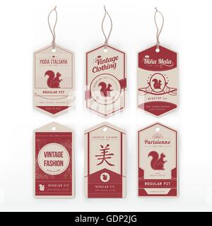 Karton Vintagekleidung Tags eingestellt Wuth, ein Tier und text Stock Vektor