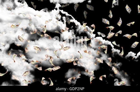 fliegen viele Dollar Bills auf dunklen Himmelshintergrund, Doppelbelichtung Stockfoto