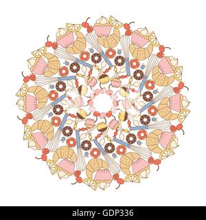 Süßigkeiten und Backwaren Mandala mit verschiedenen Desserts und Küchengeräte Stock Vektor