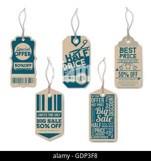 Vintage Tags set mit String, texturiert, realistische Papier, Handel, Verkauf und Discount-Konzept Stock Vektor