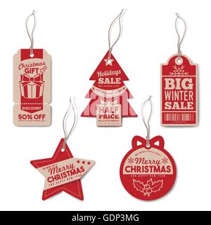 Vintage Weihnachten und Winter tags Set mit Schnur, strukturierte realistische Papier, Einzelhandel, Verkauf und Discount-Konzept Stock Vektor