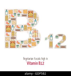 Vegetarian foods highest in vitamin B12 composing B12 letter shape, nutrition and healthy eating concept Stock Vektor