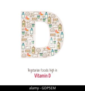 Vgetarian foods highest in vitamin D composing D letter shape, nutrition and healthy eating concept Stock Vektor