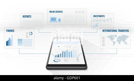 Smartphone mit Web- und finanzielle Daten-Frames an der Spitze Stock Vektor
