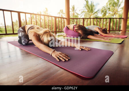 Gruppe junger Frauen tun stretching Training im Fitness-Matte. Frauen am Yoga-Kurs auf ihre Yoga-Matten nach vorne beugen. Fitness-pe Stockfoto