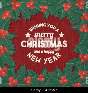 Vintage Weihnachten wünscht mit Holly Kranz auf einem rustikalen Holztisch Stock Vektor