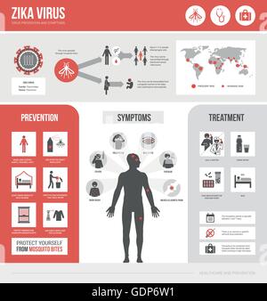 Zika Virus Infografik: Vorbeugung, Symptome und Behandlung Stock Vektor