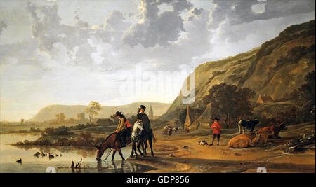 Flusslandschaft mit Fahrern von Aelbert Cuyp 1620-1691 Stockfoto