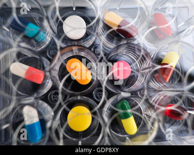 Pharmazeutische Forschung, obenliegende Ansicht verschiedener Medikamente in einem Multi-gut-Fach für Labortests Stockfoto