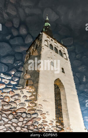 Reflexion der Kirchturm der St. Olaf auf Wasser in Tallinn, Estland Stockfoto