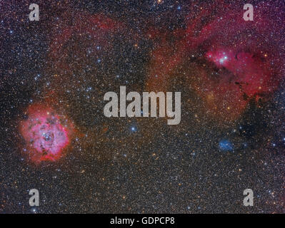 Die Monoceros Region zeigt der Rosettennebel, Kegel-Nebel und Weihnachtsbaum-Cluster. Stockfoto