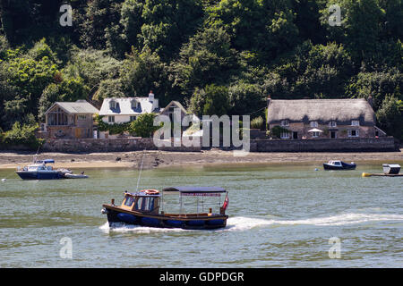 Blick vom Greenway Kai Wasser Fähre am Fluss Dart, Devon, Dittisham, uk, Fluss, Wasser, Sommer, Ditsum, Ziel, Stockfoto