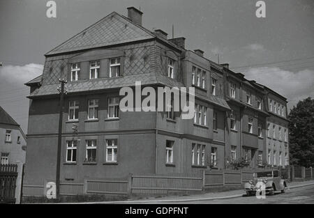 historische, äußere des Gebäudes wo der 1930er Jahre lebte der Führer der Sudeten Deutschen Partei Sdp, Konrad Henlein in Eger (Cheb) in den Sudeten, in der Pre-WW11 Tschechoslowakei. Stockfoto